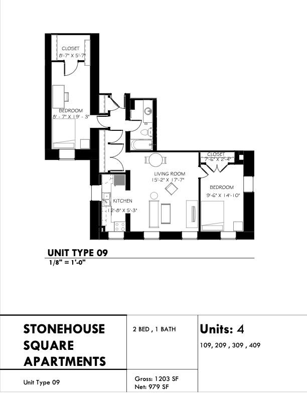 Floor plan for 2 beds, 1 bath, 1005 sqft