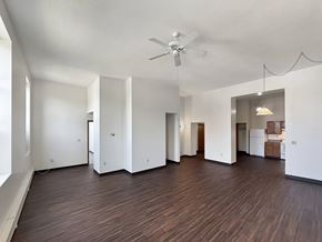 St. Paul apartment for rent - A spacious room with wooden flooring and a ceiling fan.