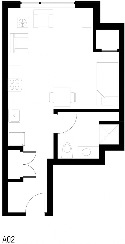 Floor plan for studio, 1 bath, 423 sqft