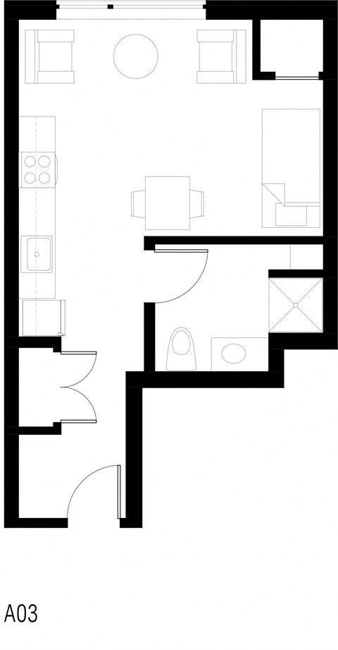 Floor plan for studio, 1 bath, 381 sqft
