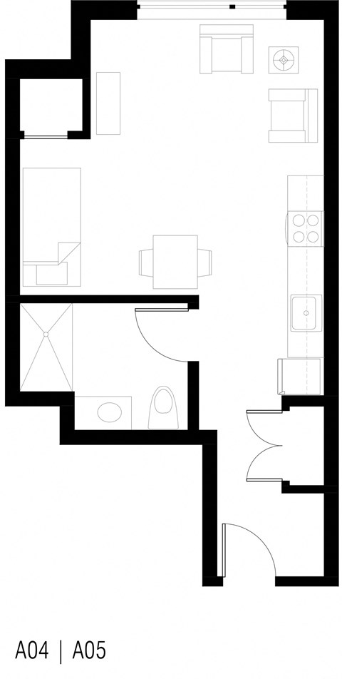 Floor plan for studio, 1 bath, 424 sqft