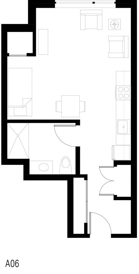 Floor plan for studio, 1 bath, 424 sqft