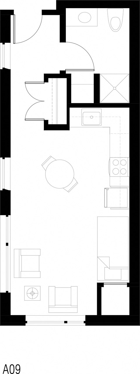 Floor plan for studio, 1 bath, 395 sqft