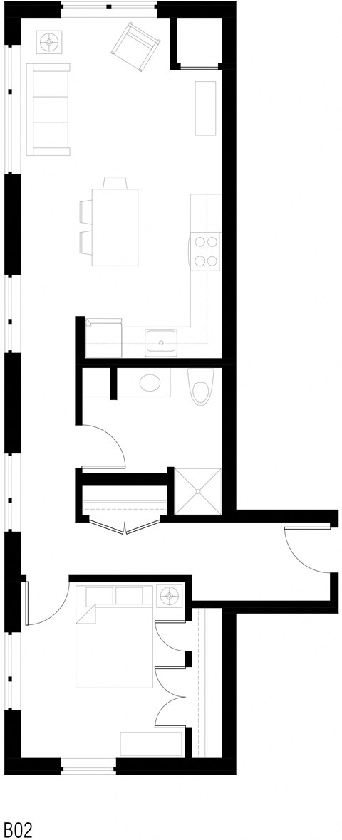 Floor plan for 1 bed, 1 bath, 667 sqft