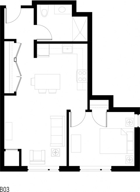 Floor plan for 1 bed, 1 bath, 637 sqft