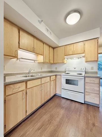 Saint Paul apartment for rent - A kitchen with wooden cabinets and a white stove top oven.