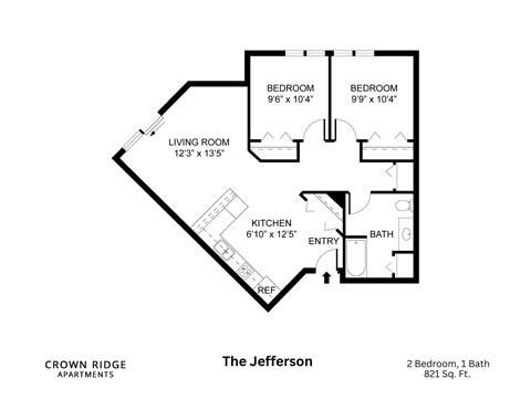 Floor plan for 2 beds, 1 bath, 821 sqft