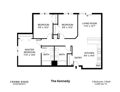 Floor plan for 3 beds, 2 baths, 1064 sqft