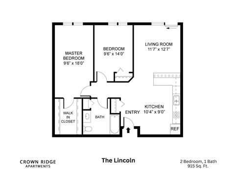 Floor plan for 2 beds, 1 bath, 915 sqft