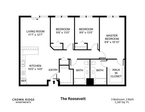 Floor plan for 3 beds, 2 baths, 1184 sqft