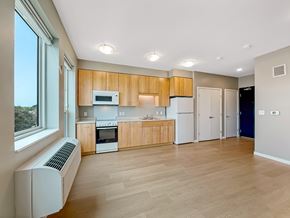 Minneapolis apartment for rent - A kitchen with wooden cabinets and a white refrigerator.