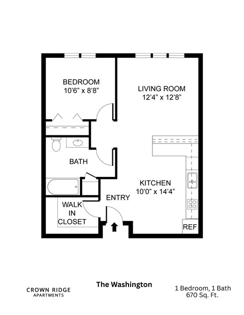 Floor plan for 1 bed, 1 bath, 670 sqft