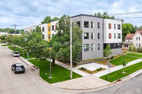 St. Paul apartment for rent - an aerial view of Stryker Senior Apartments on the corner of a street