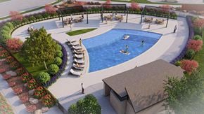 Lewisville townhouse for rent - A rendering of a pool surrounded by a garden with people in it.