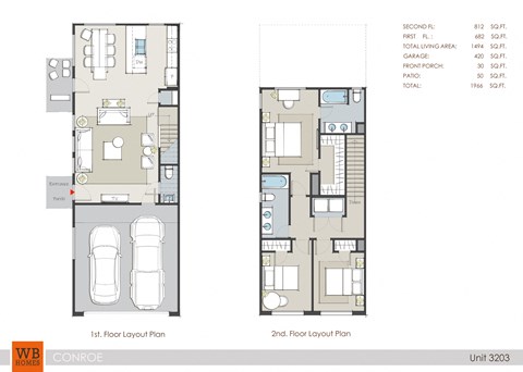 Floor plan for 3 beds, 2.5 baths, 1494 sqft