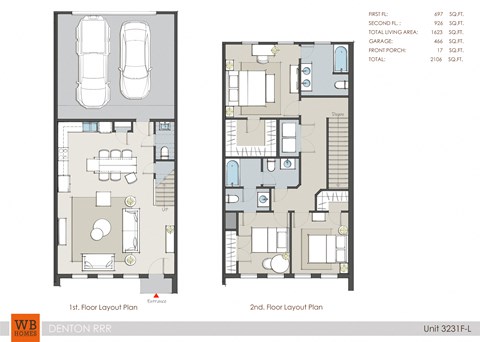 Floor plan for 3 beds, 2.5 baths, 1623 sqft