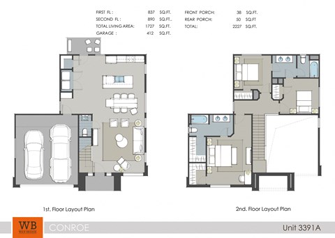 Floor plan for 3 beds, 2.5 baths, 1727 sqft