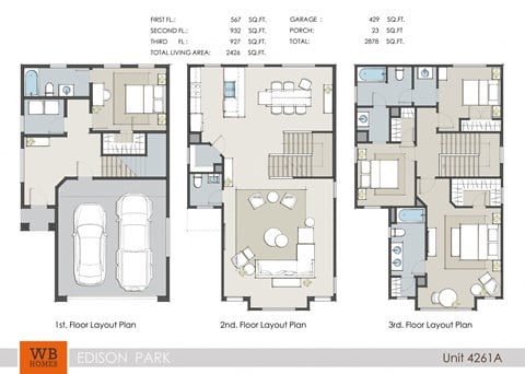 Floor plan for 4 beds, 3.5 baths, 2407 sqft