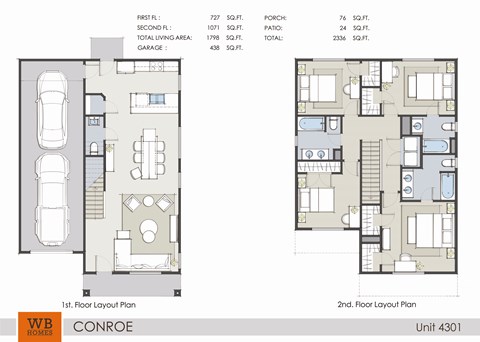 Floor plan for 4 beds, 3.5 baths, 1798 sqft