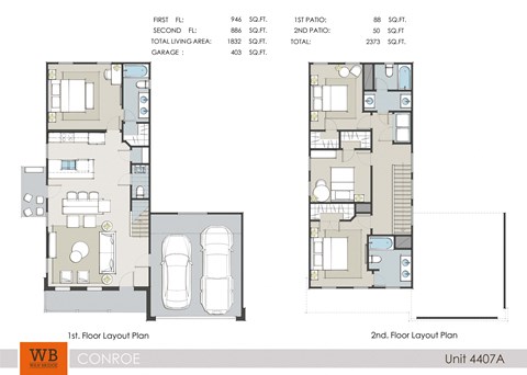 Floor plan for 4 beds, 3.5 baths, 1832 sqft