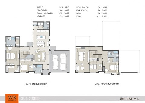 Floor plan for 4 beds, 3.5 baths, 2610 sqft