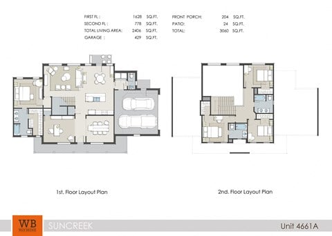 Floor plan for 4 beds, 3.5 baths, 2406 sqft