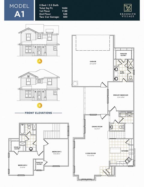 Floor plan for 3 beds, 2.5 baths, 1684 sqft