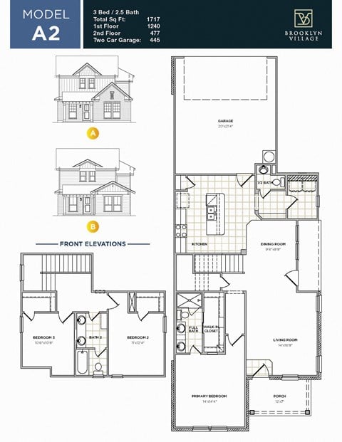 Floor plan for 3 beds, 2.5 baths, 1717 sqft