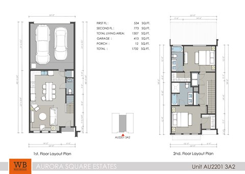 Floor plan for 2 beds, 2.5 baths, 1347 sqft