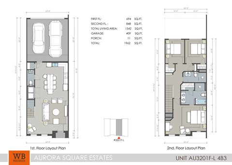 Floor plan for 3 beds, 2.5 baths, 1542 sqft