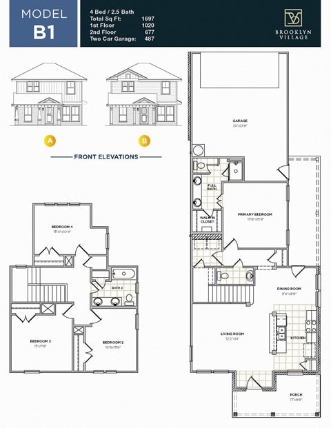 Floor plan for 4 beds, 2.5 baths, 1697 sqft