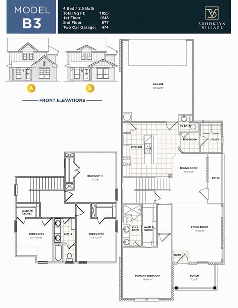 Floor plan for 4 beds, 2.5 baths, 1925 sqft