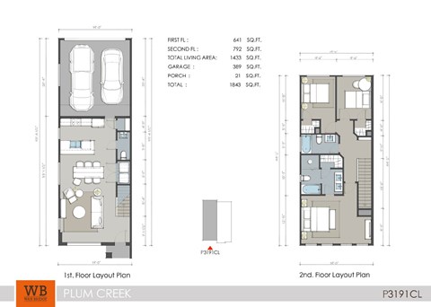 Floor plan for 3 beds, 2.5 baths, 1433 sqft