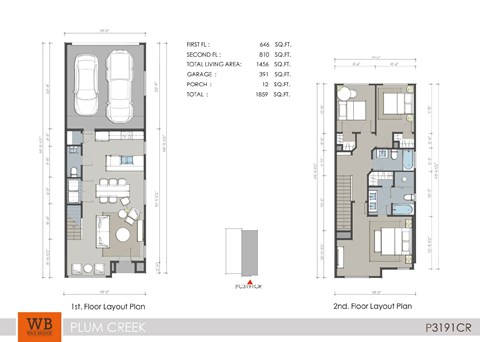 Floor plan for 3 beds, 2.5 baths, 1456 sqft