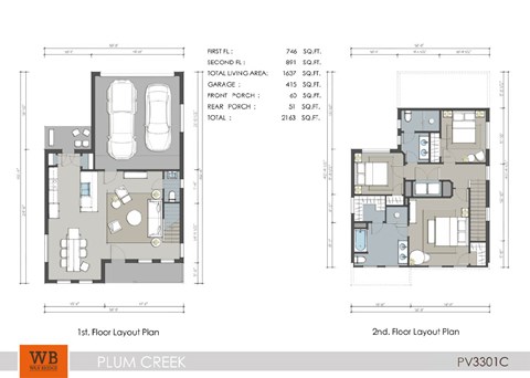 Floor plan for 3 beds, 2.5 baths, 1637 sqft