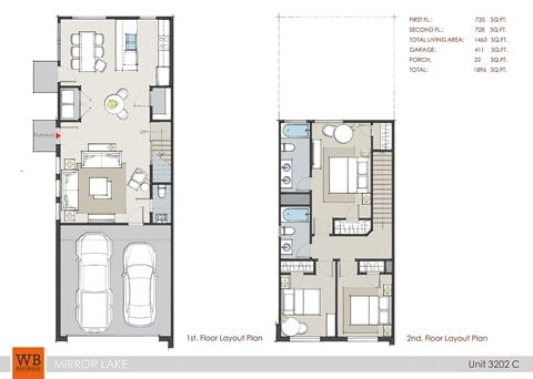Floor plan for 3 beds, 2.5 baths, 1463 sqft