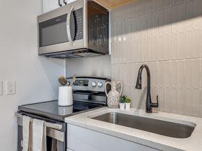 Dallas apartment for rent - a kitchen with a sink and stove and a microwave