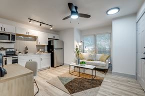 Dallas apartment for rent - a living room and kitchen with a couch and a table