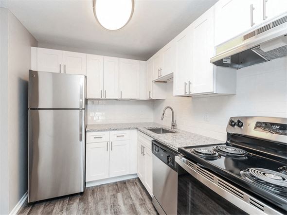 Bristol apartment for rent - a kitchen with stainless steel appliances and white cabinets