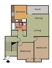 Floor plan for 2 beds, 1 bath, 950 sqft