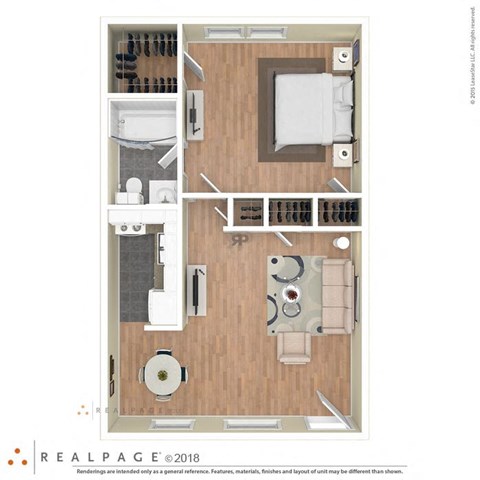 Floor plan for 1 bed, 1 bath, 540 sqft