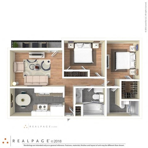 Floor plan for 2 beds, 2 baths, 978 sqft