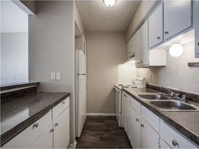 Dallas apartment for rent - a kitchen with white cabinets and granite counter tops
