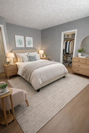 Huber Heights apartment for rent - A bedroom with a large bed, a nightstand with lamps, a wardrobe, and a small table with a plant on it.