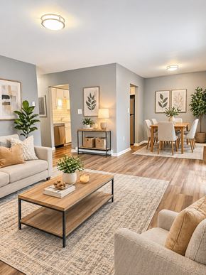 Huber Heights apartment for rent - A living room with a couch, coffee table, and dining area.