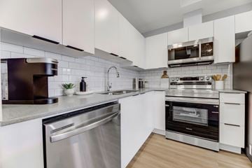 Lethbridge apartment for rent - A modern kitchen with white cabinets and stainless steel appliances.