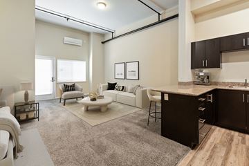 Fairfield apartment for rent - A modern living room with a grey rug and a white sofa.