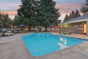 Vancouver apartment for rent - A swimming pool surrounded by trees and lounge chairs.