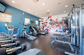 Dublin apartment for rent - A gym with a variety of equipment including dumbbells, weight machines, and a bench press.