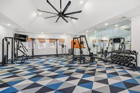 Parker apartment for rent - A gym with a variety of equipment and a checkered floor.